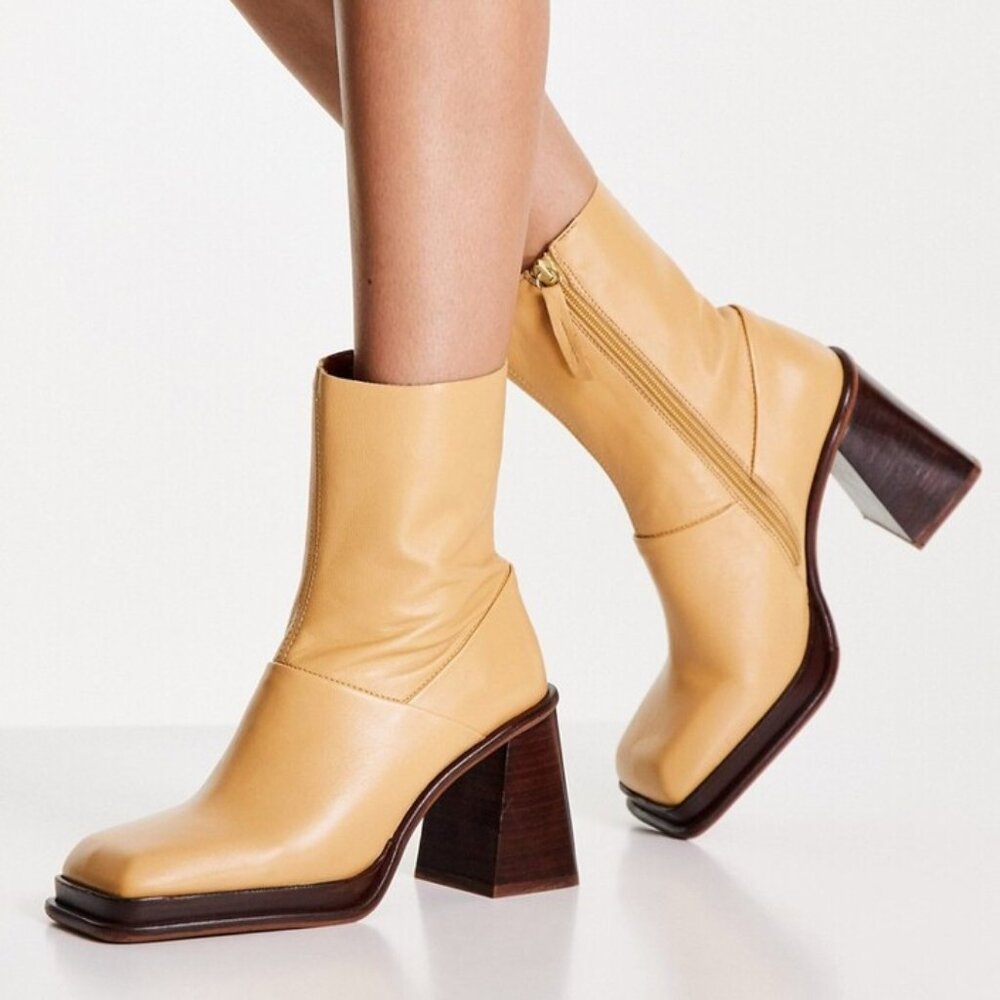 ASOS Rochelle Premium Leather Platform Heel Ankle Boots in Camel Size 7